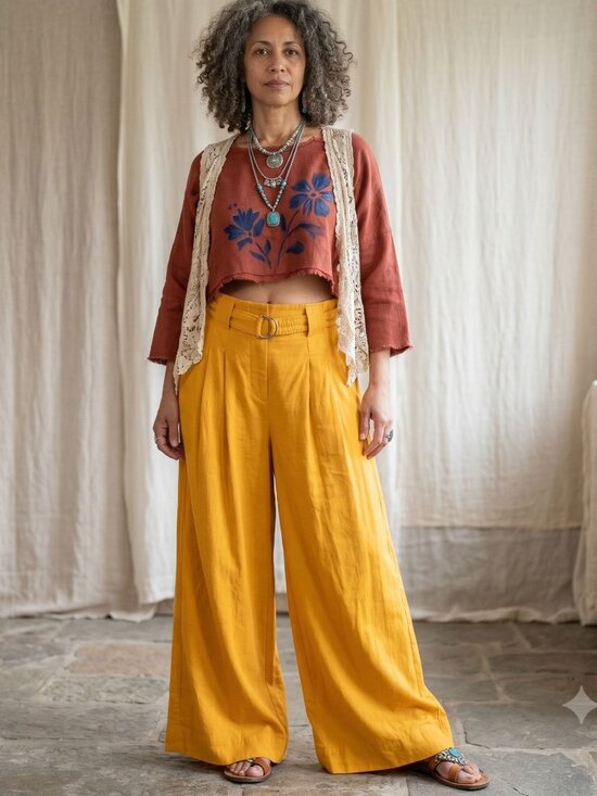 Caos ID Pants - Caos ID Brasil Size L Yellow Wide-Leg High-Paperbag Long Lagenlook Gauzy Artsey